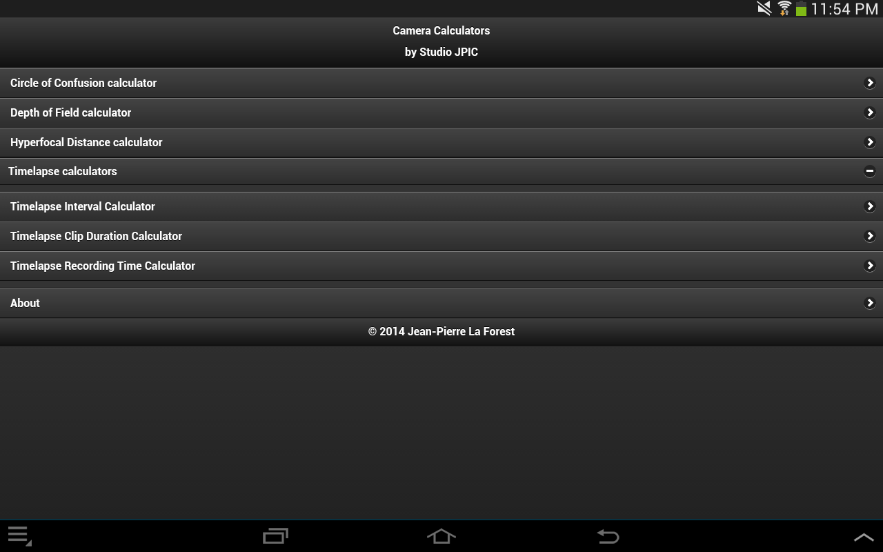 Camera Calculators app main menu
